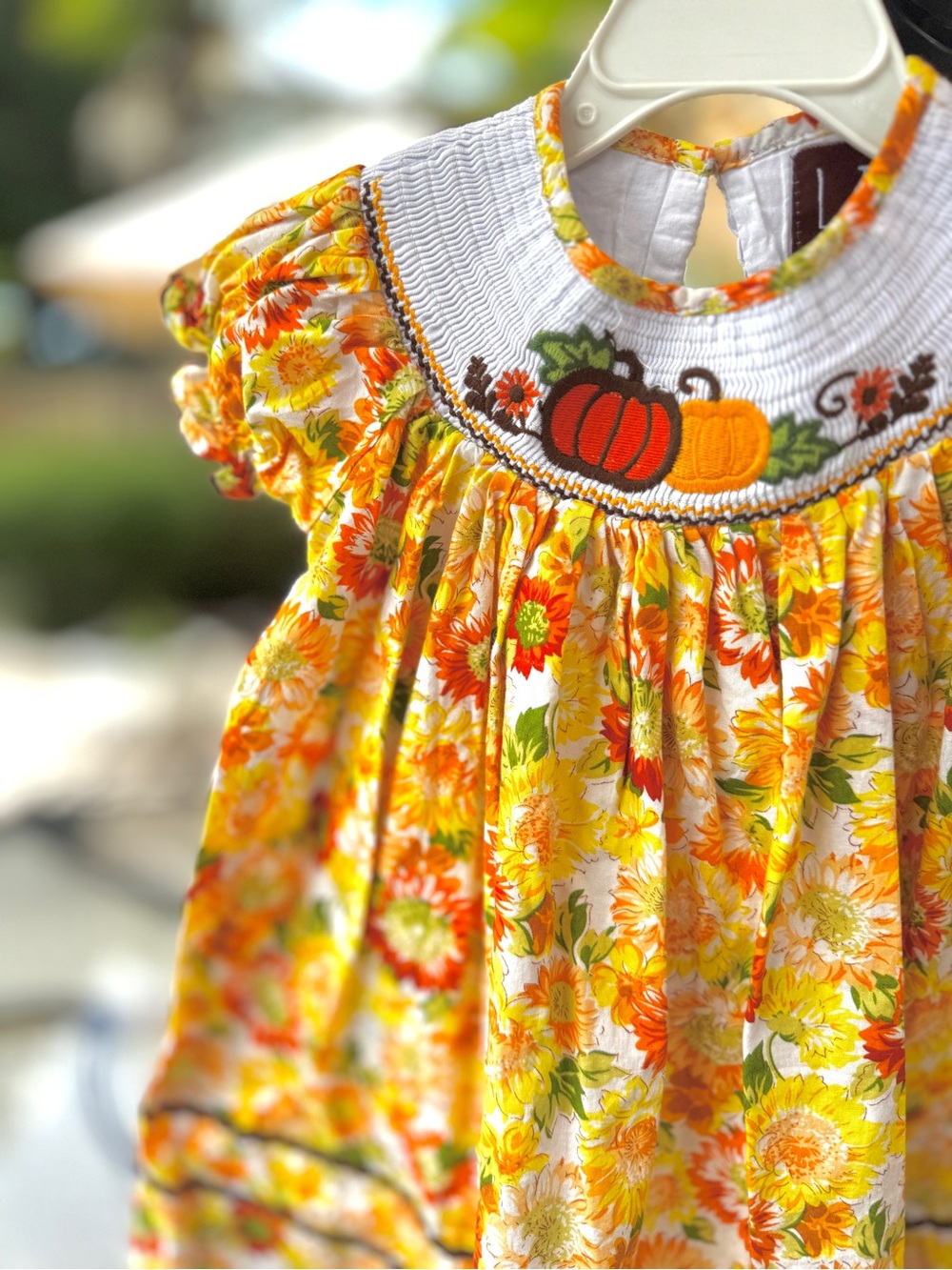 Girls Lil Cactus Fall Sunflower/Pumpkin Smocked Dress, 12-24M - Picture 6 of 10